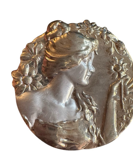 Vintage Gold & silver tone Art Nouveau Brooch women flowers round