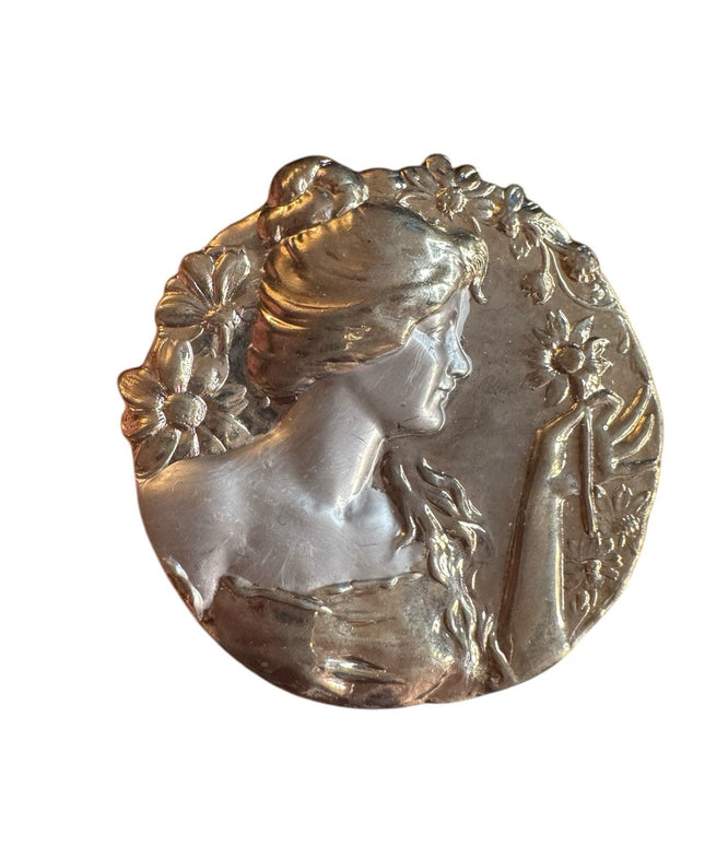 Vintage Gold & silver tone Art Nouveau Brooch women flowers round