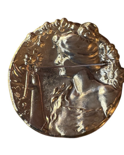 Vintage Gold & silver tone Art Nouveau Brooch women flowers round