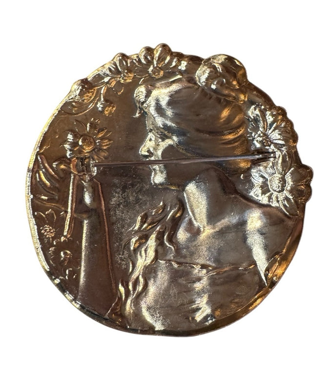 Vintage Gold & silver tone Art Nouveau Brooch women flowers round
