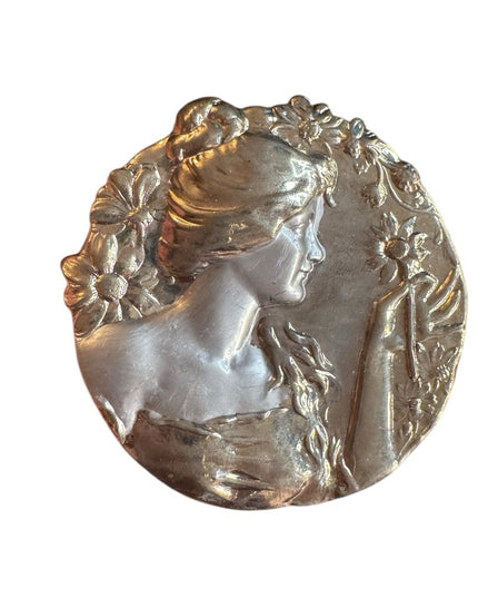 Vintage Gold & silver tone Art Nouveau Brooch women flowers round