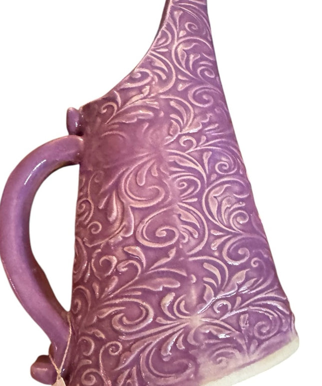 Elegant Purple handmade pottery scroll work design Pitcher flower vase