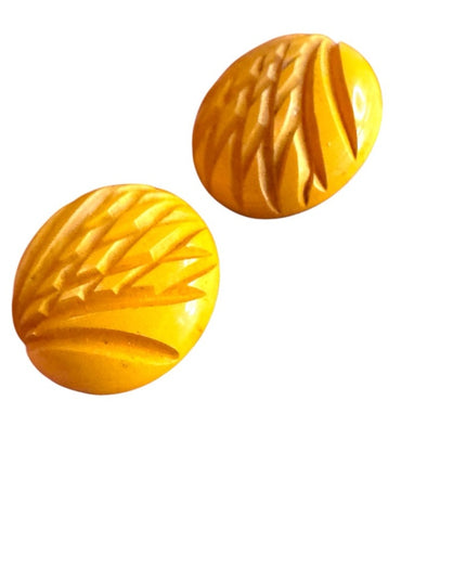 Vintage Yellow Carved Bakelite Earrings 1950s Screw back