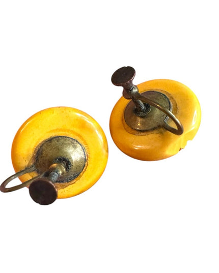 Vintage Yellow Carved Bakelite Earrings 1950s Screw back
