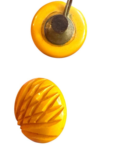 Vintage Yellow Carved Bakelite Earrings 1950s Screw back