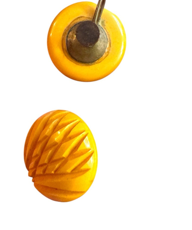Vintage Yellow Carved Bakelite Earrings 1950s Screw back