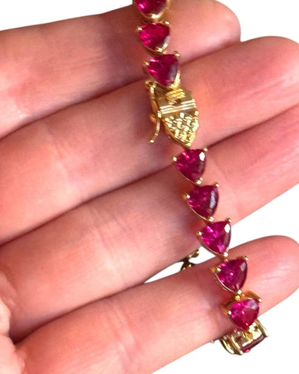 18k Yellow gold  plt Sterling Silver Bracelet Lab Ruby heart tennis bracelet UTC