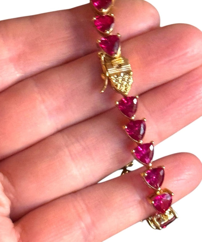 18k Yellow gold  plt Sterling Silver Bracelet Lab Ruby heart tennis bracelet UTC