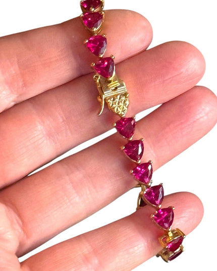 18k Yellow gold  plt Sterling Silver Bracelet Lab Ruby heart tennis bracelet UTC