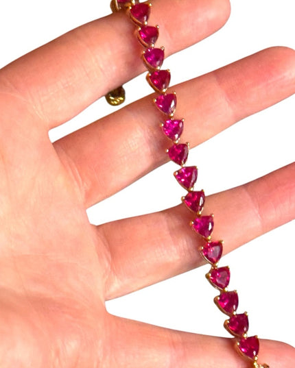 18k Yellow gold  plt Sterling Silver Bracelet Lab Ruby heart tennis bracelet UTC
