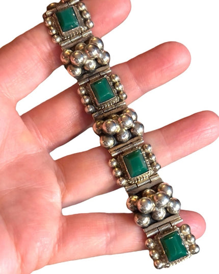 Vintage Sterling Silver 925 Green Onyx Link Bracelet Mexico 1950s