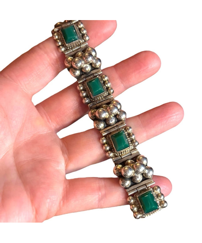 Vintage Sterling Silver 925 Green Onyx Link Bracelet Mexico 1950s