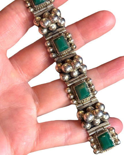 Vintage Sterling Silver 925 Green Onyx Link Bracelet Mexico 1950s