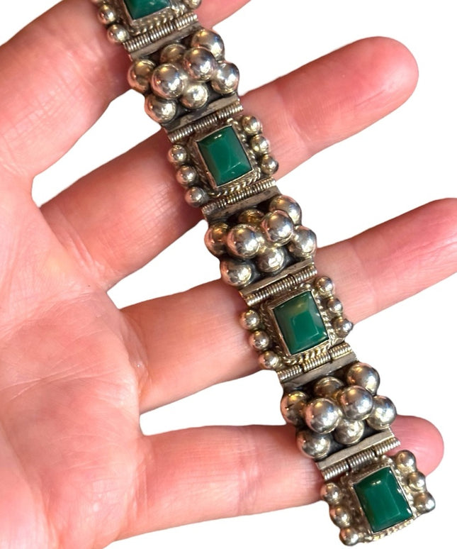 Vintage Sterling Silver 925 Green Onyx Link Bracelet Mexico 1950s