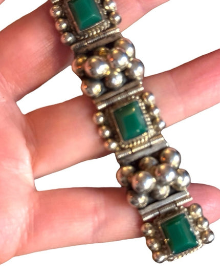 Vintage Sterling Silver 925 Green Onyx Link Bracelet Mexico 1950s