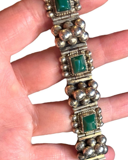 Vintage Sterling Silver 925 Green Onyx Link Bracelet Mexico 1950s