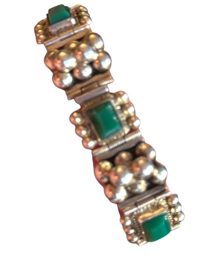 Vintage Sterling Silver 925 Green Onyx Link Bracelet Mexico 1950s