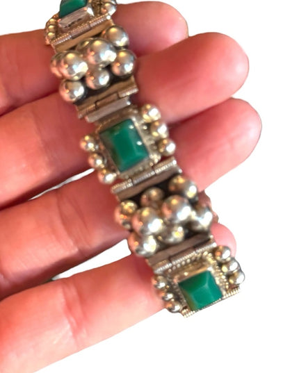 Vintage Sterling Silver 925 Green Onyx Link Bracelet Mexico 1950s