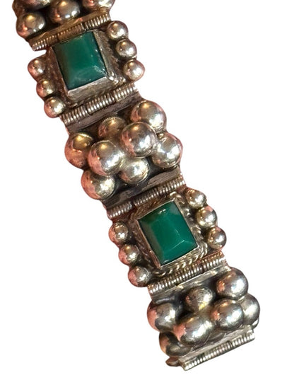 Vintage Sterling Silver 925 Green Onyx Link Bracelet Mexico 1950s
