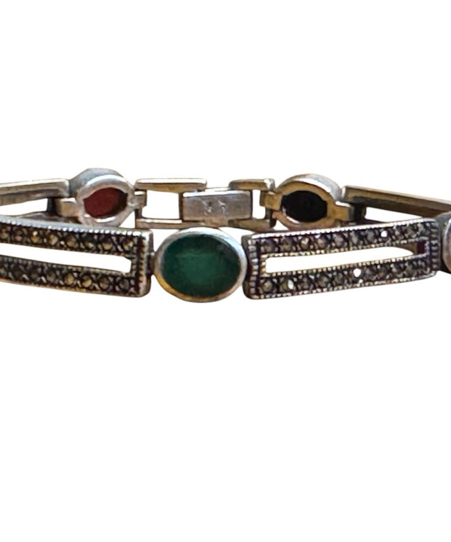 Vintage multi gemstone marcasite sterling Silver Bracelet