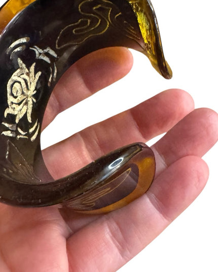 c1950's Reverse Carved Intaglio Cuff Bangle Cream Black, Mid-Century Jewellery