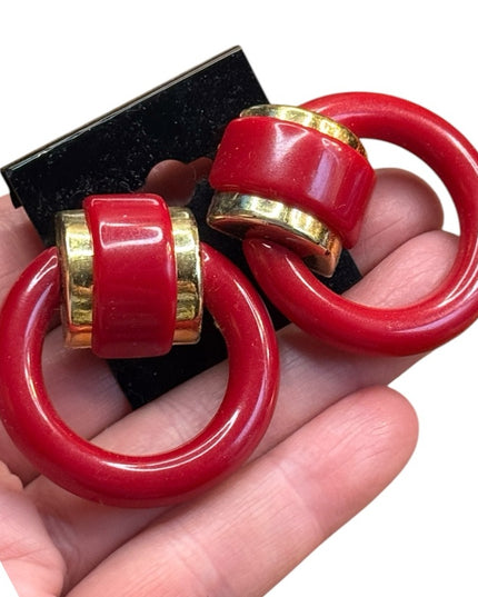 Vintage Nautical Plastic 1970s Red & gold Hoop Earrings