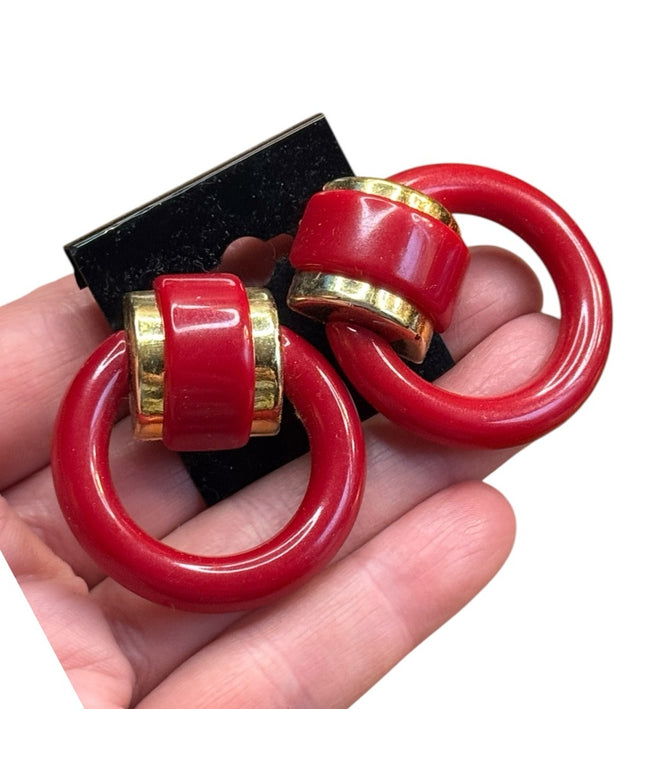 Vintage Nautical Plastic 1970s Red & gold Hoop Earrings