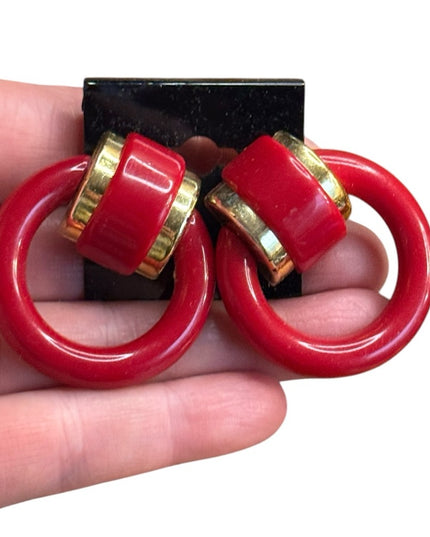 Vintage Nautical Plastic 1970s Red & gold Hoop Earrings
