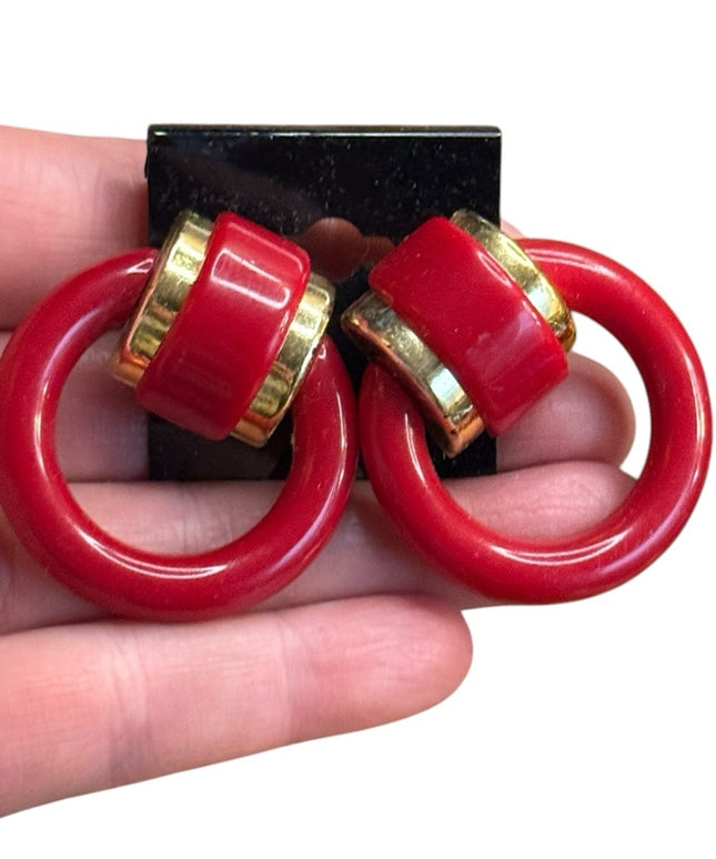 Vintage Nautical Plastic 1970s Red & gold Hoop Earrings