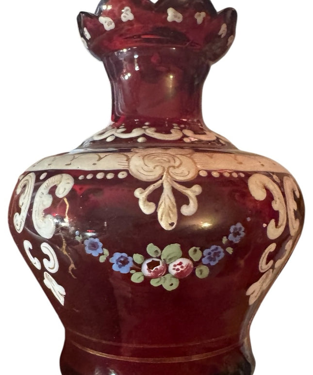 Stunning European Antique Hand Painted cranberry Red Floral Vase