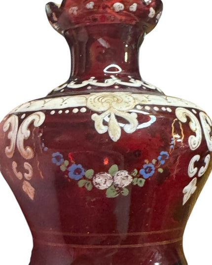 Stunning European Antique Hand Painted cranberry Red Floral Vase