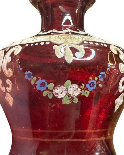 Stunning European Antique Hand Painted cranberry Red Floral Vase