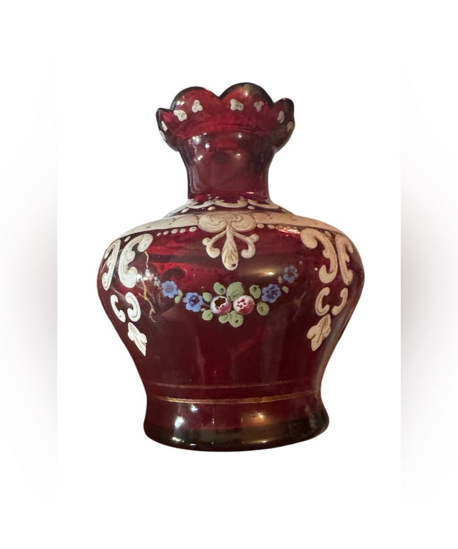Stunning European Antique Hand Painted cranberry Red Floral Vase