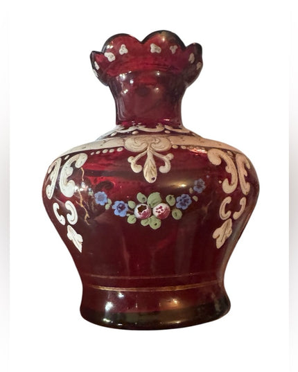 Stunning European Antique Hand Painted cranberry Red Floral Vase