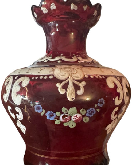 Stunning European Antique Hand Painted cranberry Red Floral Vase