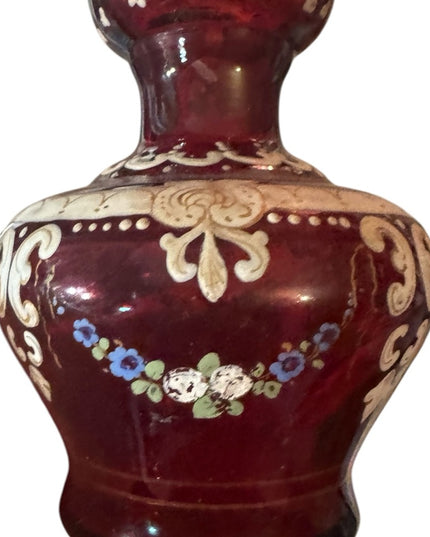 Stunning European Antique Hand Painted cranberry Red Floral Vase
