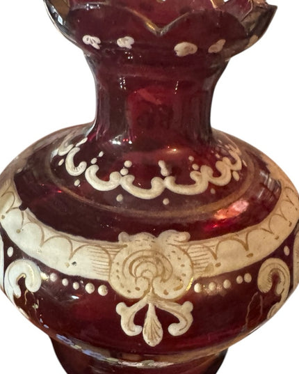 Stunning European Antique Hand Painted cranberry Red Floral Vase