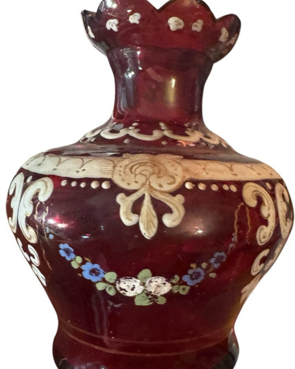 Stunning European Antique Hand Painted cranberry Red Floral Vase