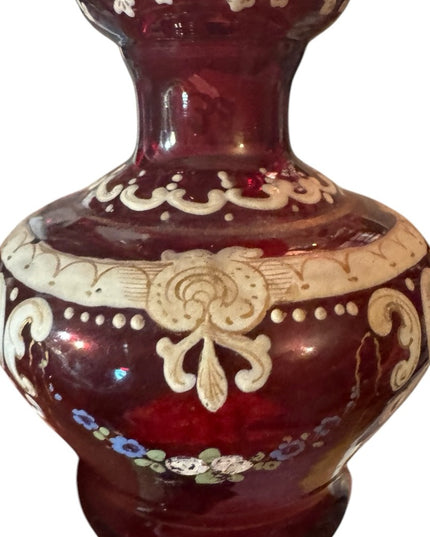 Stunning European Antique Hand Painted cranberry Red Floral Vase