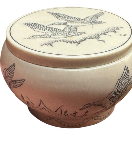 Vintage Faux Cream Round Scrimshaw Canadian Geese Jewelry Box Trinket Box