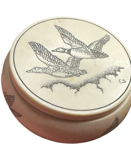 Vintage Faux Cream Round Scrimshaw Canadian Geese Jewelry Box Trinket Box