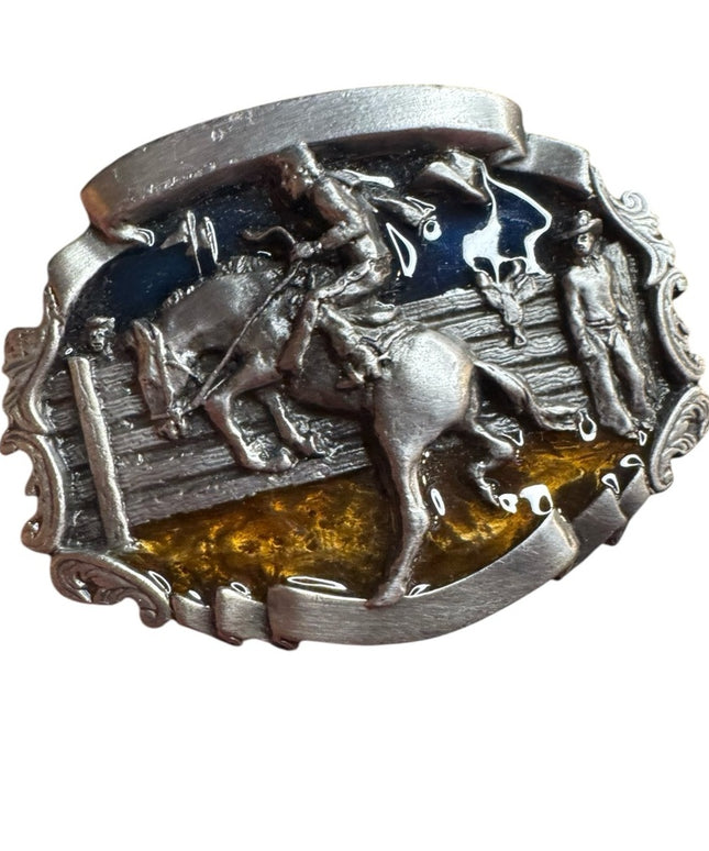 Rodeo Cowboy Belt Buckle - Vintage 1981 Bergamot Brass Works Pewter