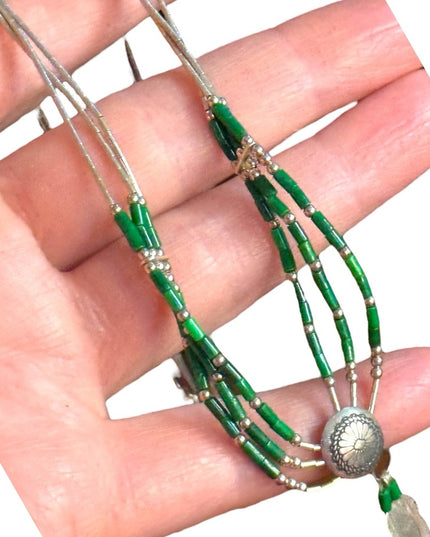 Navajo Feather concho liquid silver micro bead malachite
multi strand necklace