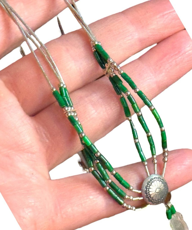 Navajo Feather concho liquid silver micro bead malachite
multi strand necklace