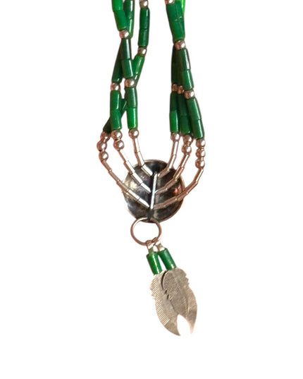 Navajo Feather concho liquid silver micro bead malachite
multi strand necklace