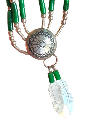 Navajo Feather concho liquid silver micro bead malachite
multi strand necklace