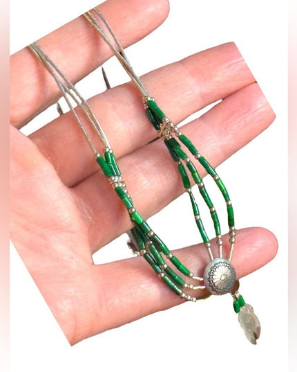 Navajo Feather concho liquid silver micro bead malachite
multi strand necklace