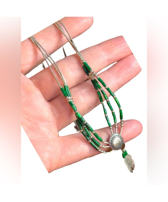 Navajo Feather concho liquid silver micro bead malachite
multi strand necklace