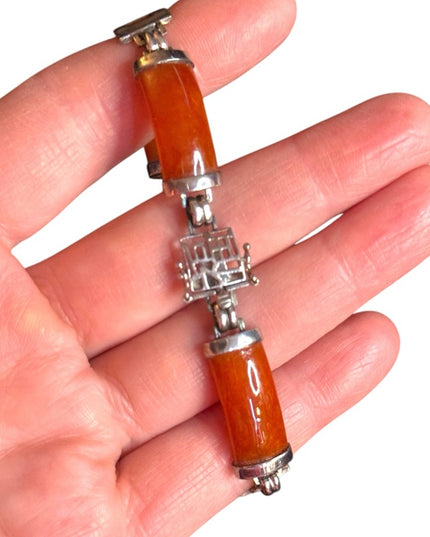 JADE Panel Bracelet STERLING SILVER GSI Hong Kong Orange Brown Link Bracelet