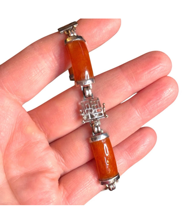 JADE Panel Bracelet STERLING SILVER GSI Hong Kong Orange Brown Link Bracelet